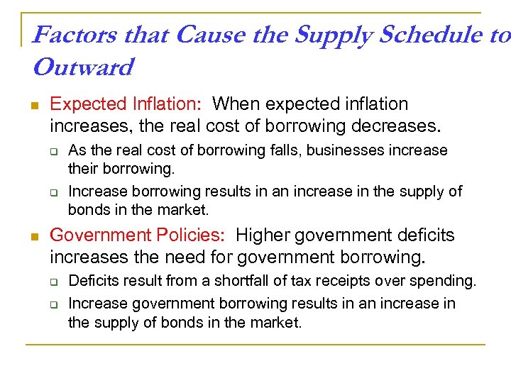 Factors that Cause the Supply Schedule to Outward n Expected Inflation: When expected inflation