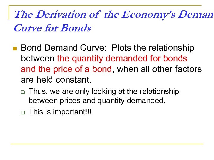 The Derivation of the Economy’s Demand Curve for Bonds n Bond Demand Curve: Plots