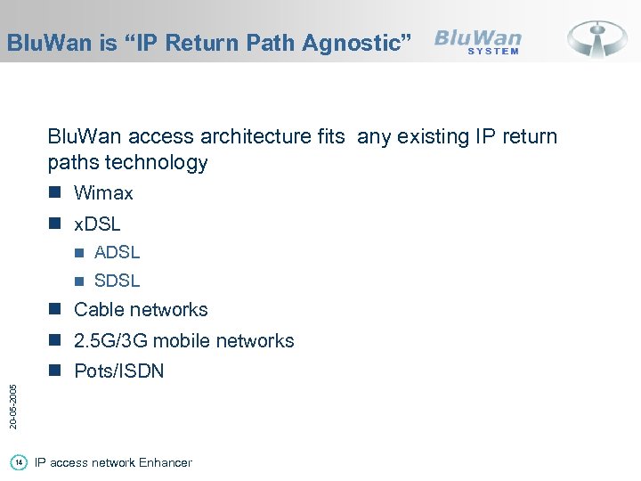 Blu. Wan is “IP Return Path Agnostic” Blu. Wan access architecture fits any existing