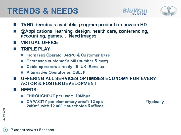 TRENDS & NEEDS n TVHD: terminals available, program production now on HD n @Applications:
