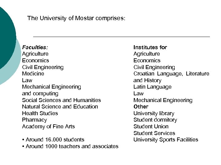 The University of Mostar comprises: Faculties: Agriculture Economics Civil Engineering Medicine Law Mechanical Engineering