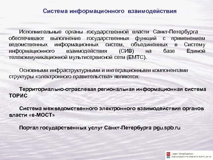 Система информационного взаимодействия Исполнительные органы государственной власти Санкт-Петербурга обеспечивают выполнение государственных функций с применением