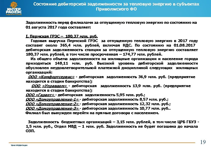 Состояние дебиторской задолженности за тепловую энергию в субъектах Приволжского ФО Задолженность перед филиалами за