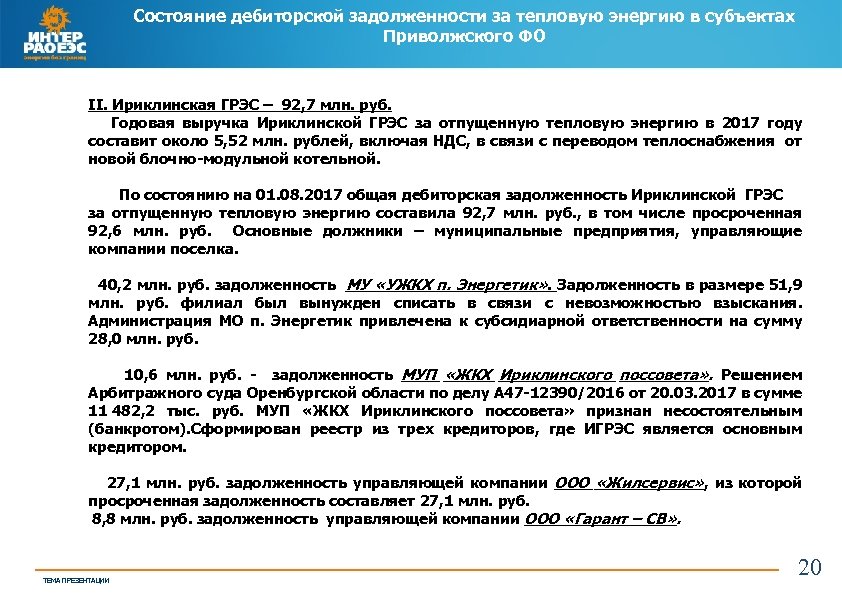 Состояние дебиторской задолженности за тепловую энергию в субъектах Приволжского ФО II. Ириклинская ГРЭС –