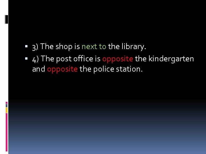  3) The shop is next to the library. 4) The post office is