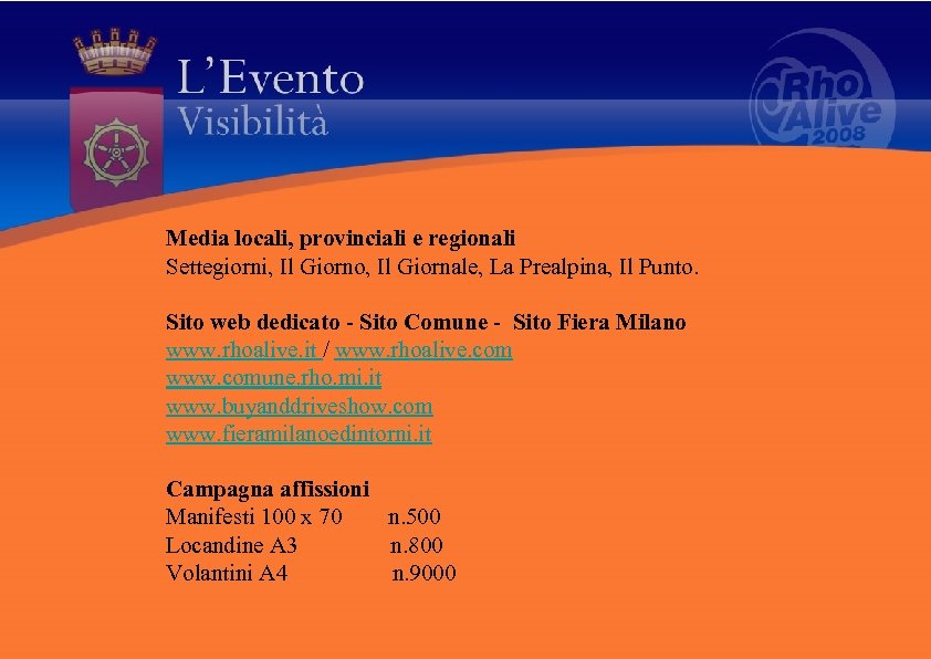 Media locali, provinciali e regionali Settegiorni, Il Giorno, Il Giornale, La Prealpina, Il Punto.