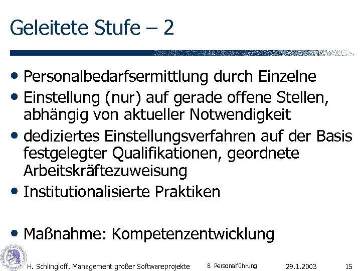 Geleitete Stufe – 2 • Personalbedarfsermittlung durch Einzelne • Einstellung (nur) auf gerade offene