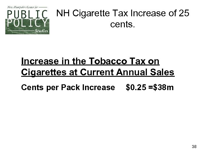 NH Cigarette Tax Increase of 25 cents. Increase in the Tobacco Tax on Cigarettes