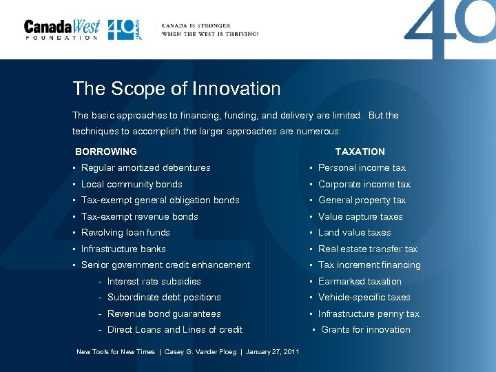 The Scope of Innovation The basic approaches to financing, funding, and delivery are limited.