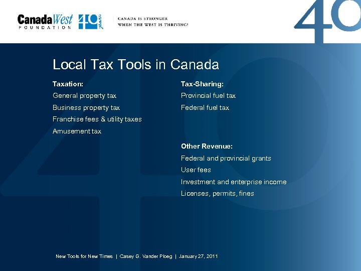 Local Tax Tools in Canada Taxation: Tax-Sharing: General property tax Provincial fuel tax Business