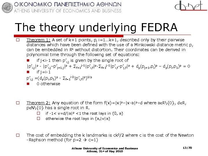 The theory underlying FEDRA o Theorem 1: A set of k+1 points, pi i=1…k+1,