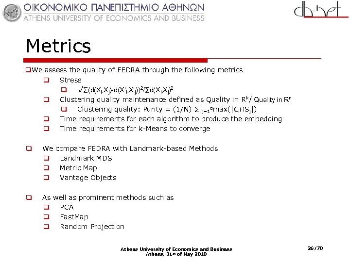 Metrics q. We assess the quality of FEDRA through the following metrics q Stress