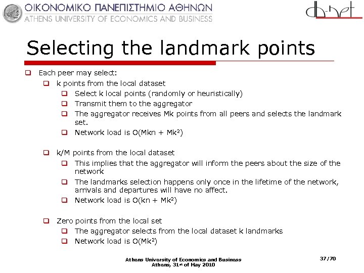 Selecting the landmark points q Each peer may select: q k points from the
