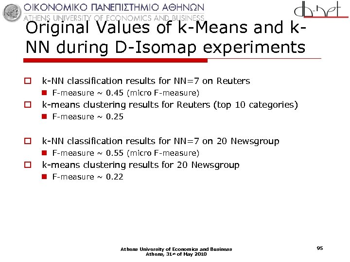 Original Values of k-Means and k. NN during D-Isomap experiments o k-NN classification results