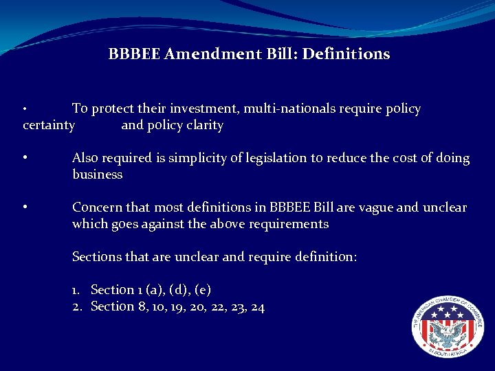 BBBEE Amendment Bill: Definitions To protect their investment, multi-nationals require policy certainty and policy
