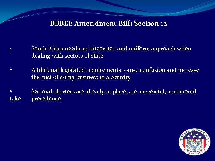 BBBEE Amendment Bill: Section 12 • • • take South Africa needs an integrated