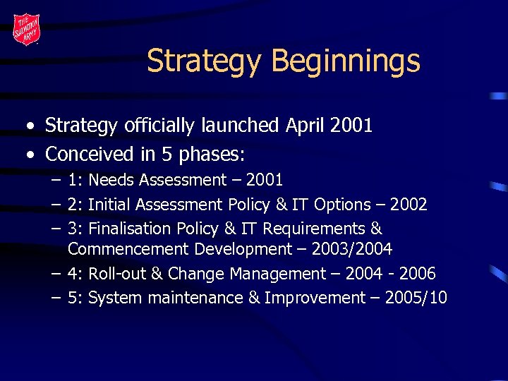 Strategy Beginnings • Strategy officially launched April 2001 • Conceived in 5 phases: –