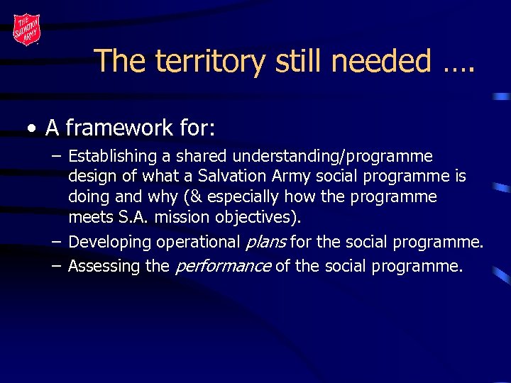 The territory still needed …. • A framework for: – Establishing a shared understanding/programme