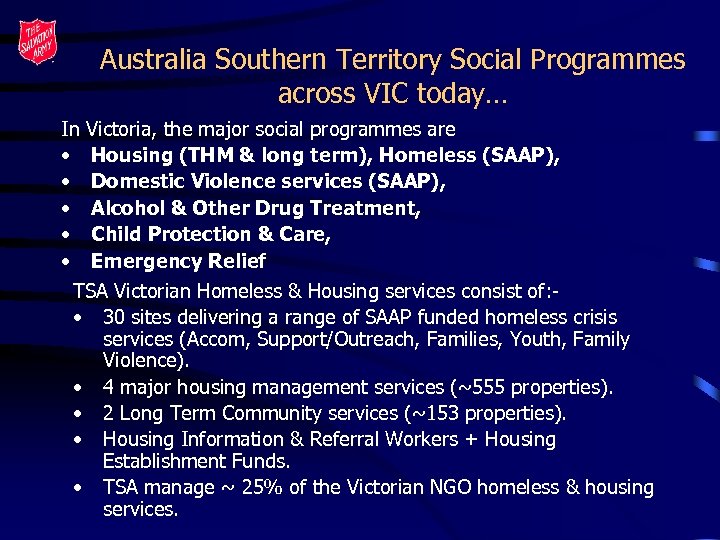 Australia Southern Territory Social Programmes across VIC today… In • • • Victoria, the