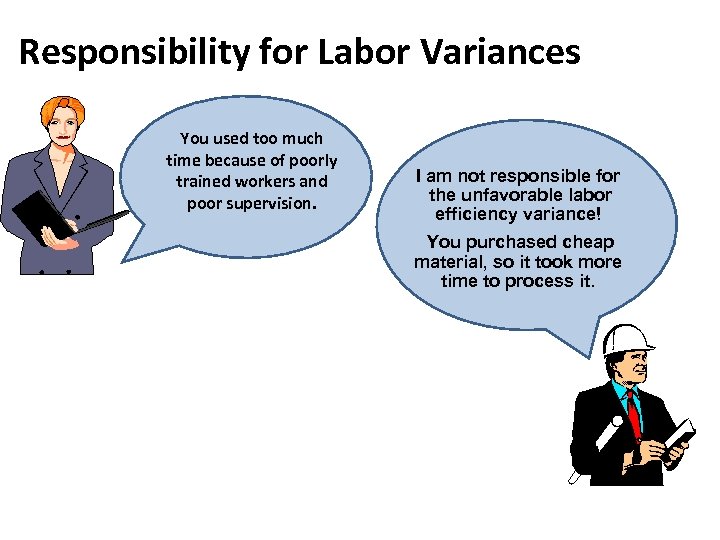 Responsibility for Labor Variances You used too much time because of poorly trained workers