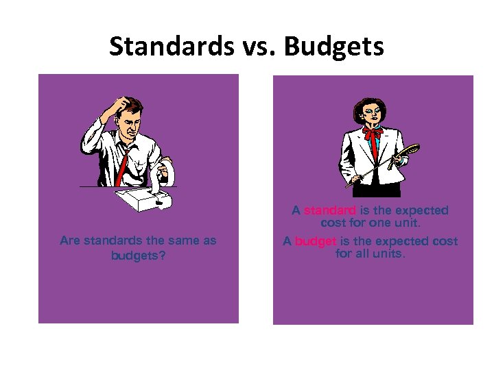 Standards vs. Budgets Are standards the same as budgets? A standard is the expected