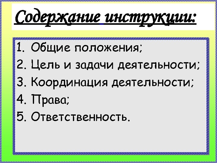 Содержание инструкции: 1. 2. 3. 4. 5. Общие положения; Цель и задачи деятельности; Координация