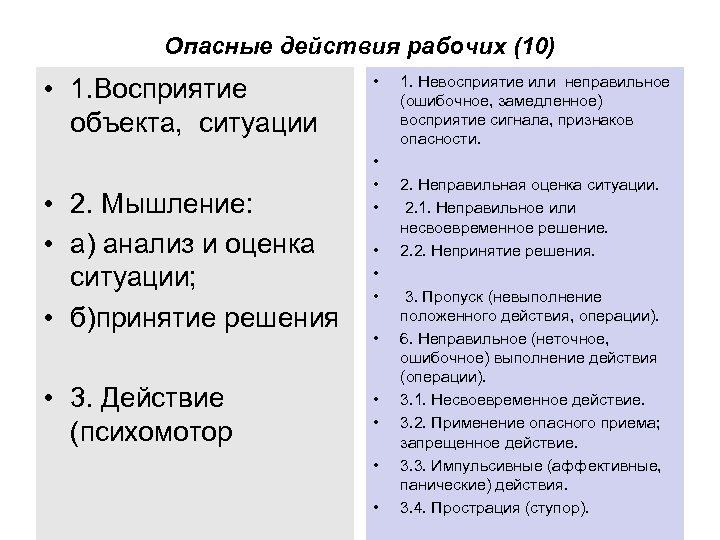 Опасные действия рабочих (10) • 1. Восприятие объекта, ситуации • 2. Мышление: • а)