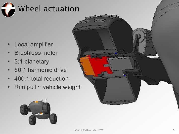 Wheel actuation • • • Local amplifier Brushless motor 5: 1 planetary 80: 1
