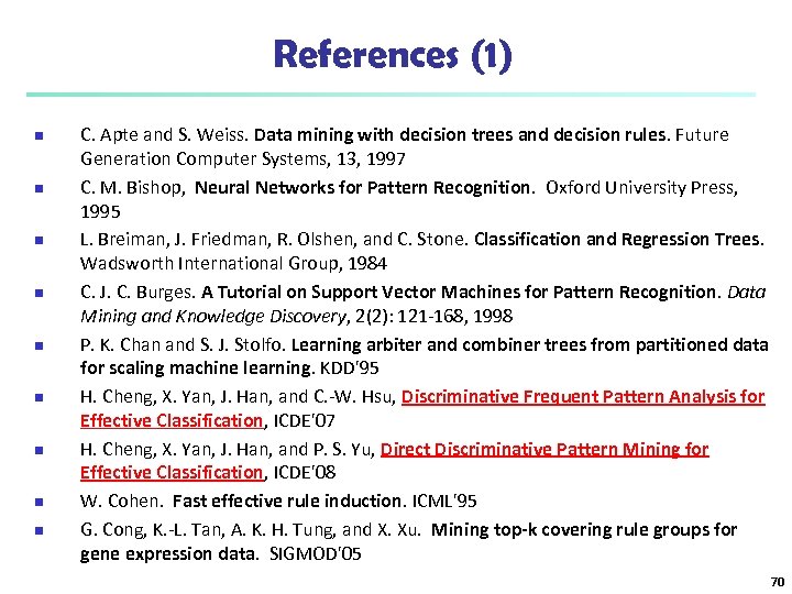 References (1) n n n n n C. Apte and S. Weiss. Data mining