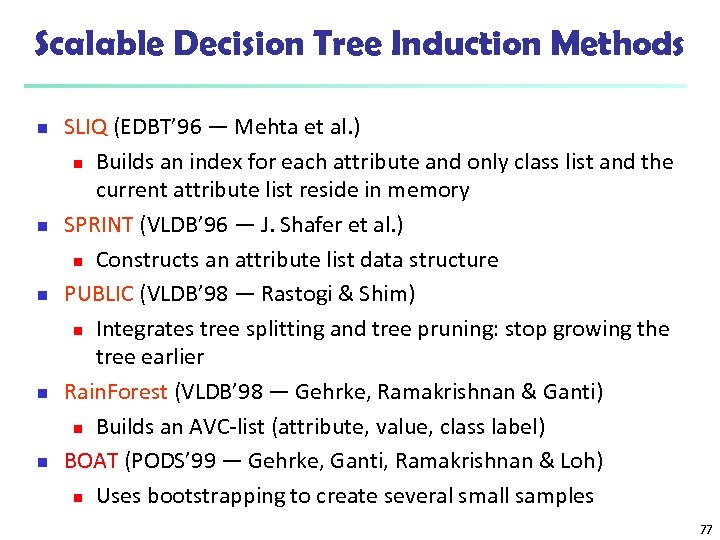 Scalable Decision Tree Induction Methods n n n SLIQ (EDBT’ 96 — Mehta et