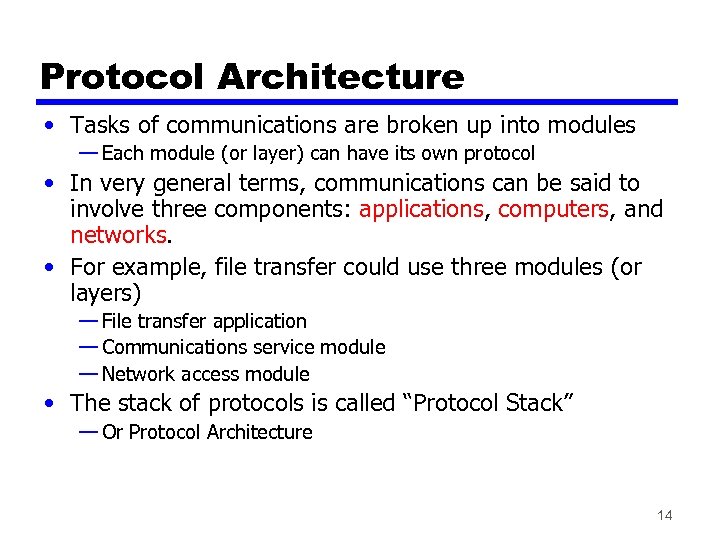 Protocol Architecture • Tasks of communications are broken up into modules — Each module