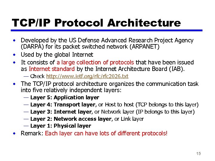 TCP/IP Protocol Architecture • Developed by the US Defense Advanced Research Project Agency (DARPA)