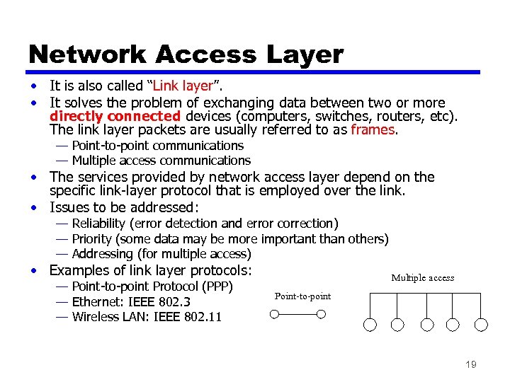 Network Access Layer • It is also called “Link layer”. • It solves the