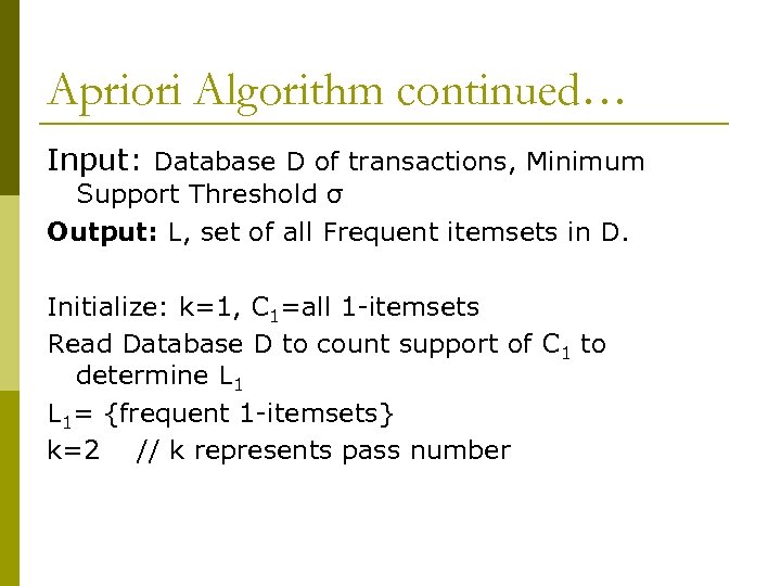 Apriori Algorithm continued… Input: Database D of transactions, Minimum Support Threshold σ Output: L,