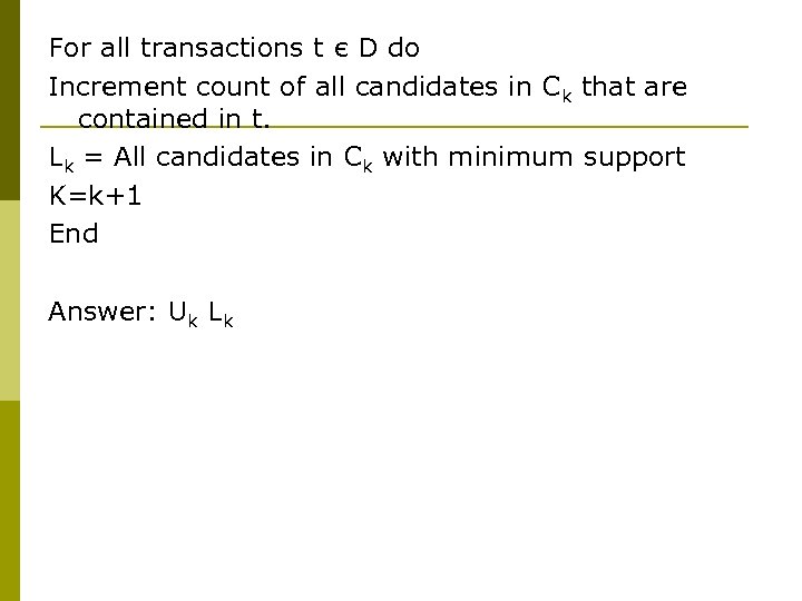 For all transactions t є D do Increment count of all candidates in Ck