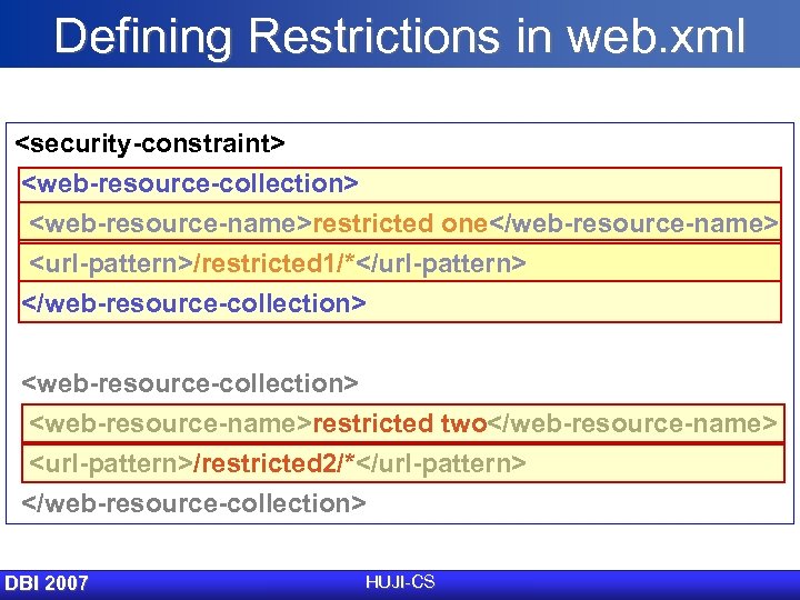 Defining Restrictions in web. xml <security-constraint> <web-resource-collection> <web-resource-name>restricted one</web-resource-name> <url-pattern>/restricted 1/*</url-pattern> </web-resource-collection> <web-resource-collection> <web-resource-name>restricted