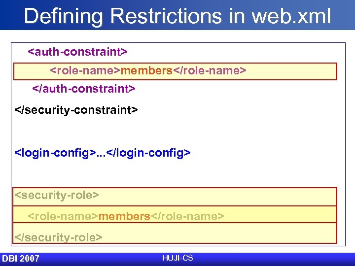 Defining Restrictions in web. xml <auth-constraint> <role-name>members</role-name> </auth-constraint> </security-constraint> <login-config>. . . </login-config> <security-role>