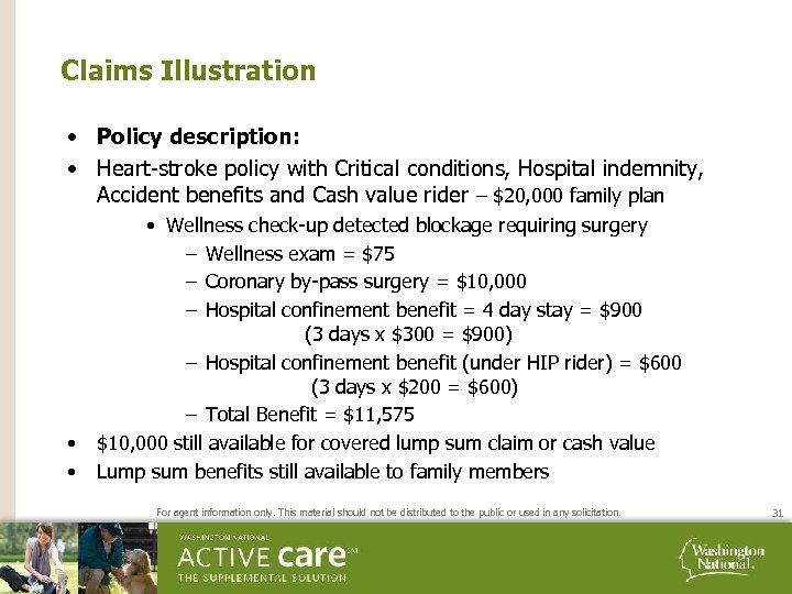 Claims Illustration • Policy description: • Heart-stroke policy with Critical conditions, Hospital indemnity, Accident