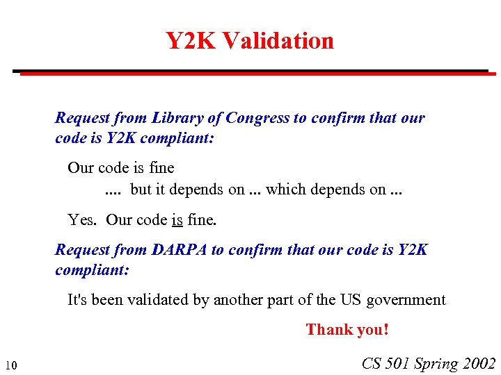 Y 2 K Validation Request from Library of Congress to confirm that our code