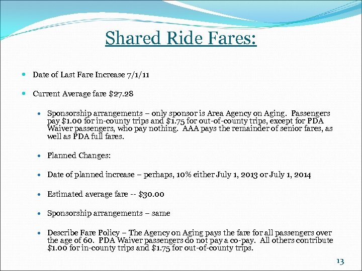 Shared Ride Fares: Date of Last Fare Increase 7/1/11 Current Average fare $27. 28