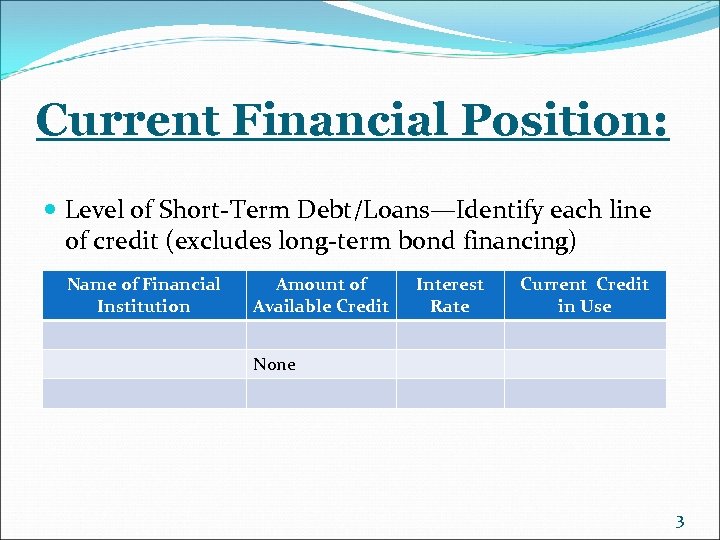 Current Financial Position: Level of Short-Term Debt/Loans—Identify each line of credit (excludes long-term bond