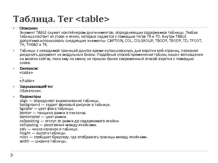 Таблица. Тег <table> Описание Элемент TABLE служит контейнером для элементов, определяющих содержимое таблицы. Любая