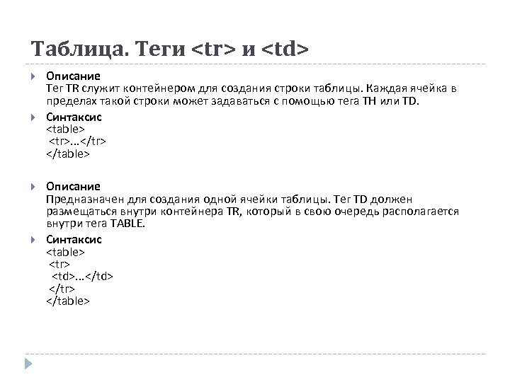 Таблица. Теги <tr> и <td> Описание Тег TR служит контейнером для создания строки таблицы.