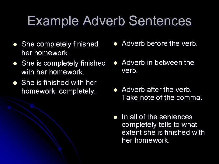 Example Adverb Sentences l l l She completely finished her homework. She is completely