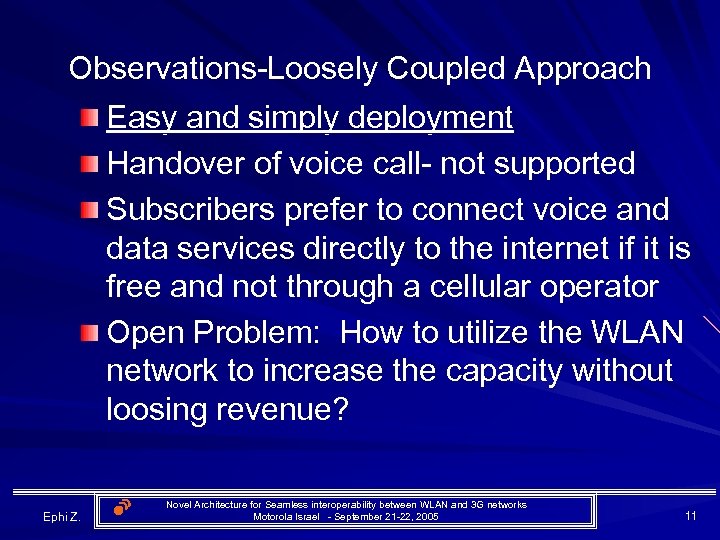 Observations-Loosely Coupled Approach Easy and simply deployment Handover of voice call- not supported Subscribers