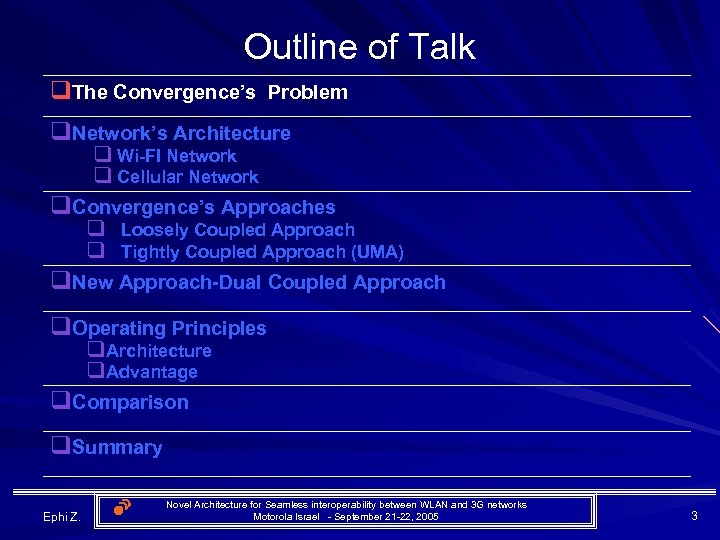 Outline of Talk q. The Convergence’s Problem q. Network’s Architecture q Wi-FI Network q