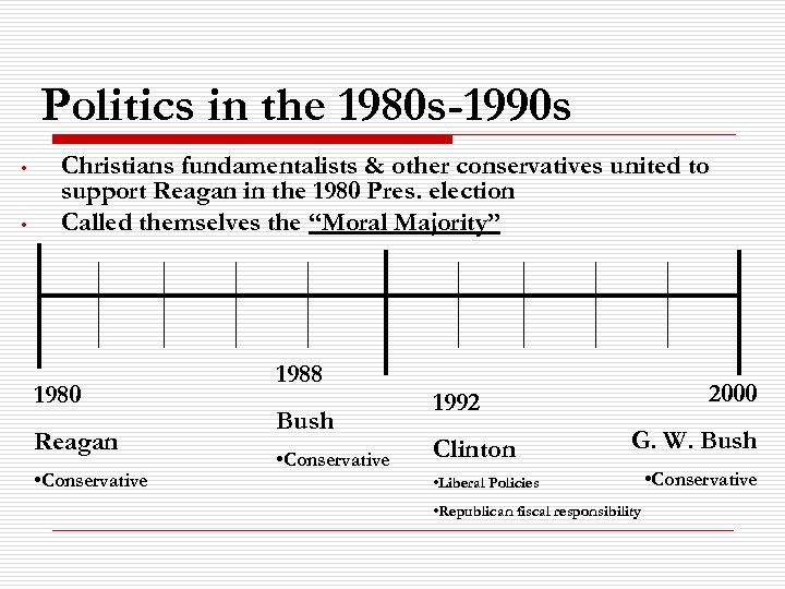 Politics in the 1980 s-1990 s • • Christians fundamentalists & other conservatives united