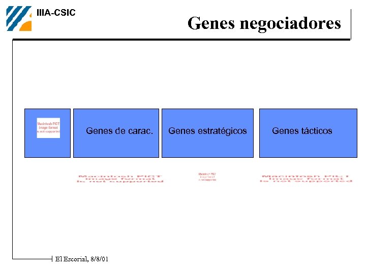 IIIA-CSIC Genes negociadores Genes de carac. El Escorial, 8/8/01 Genes estratégicos Genes tácticos 