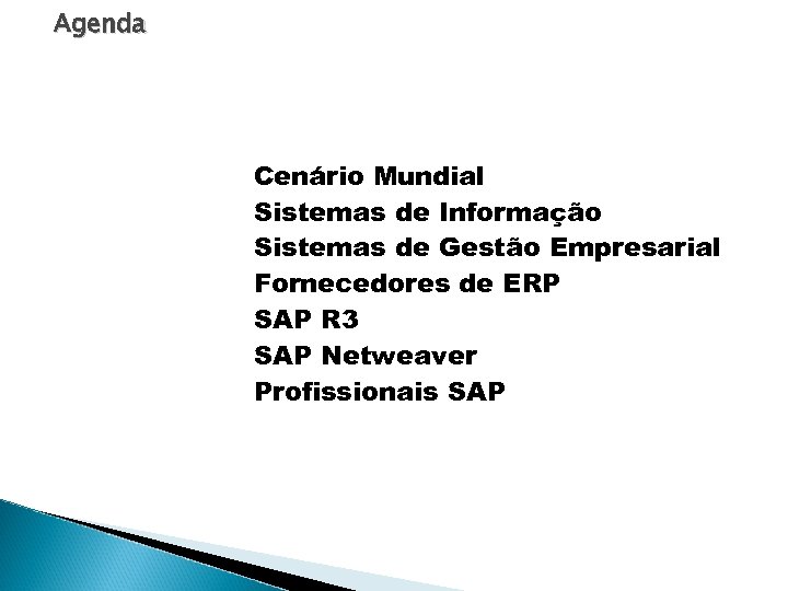 Agenda Cenário Mundial Sistemas de Informação Sistemas de Gestão Empresarial Fornecedores de ERP SAP