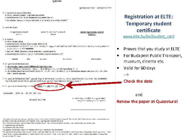 Registration at ELTE: Temporary student certificate www. elte. hu/en/student_card • Proves that you study
